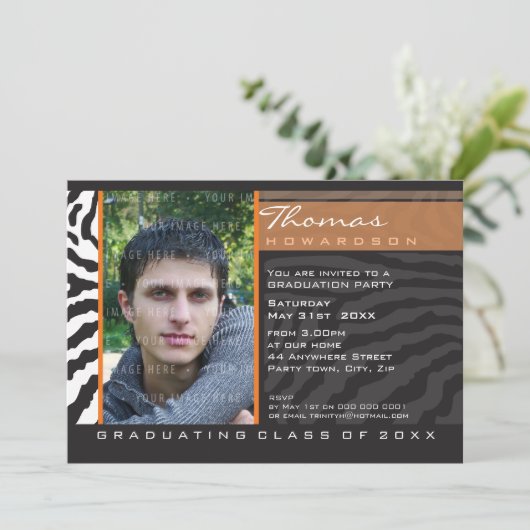FOTO GRAD PARTY INVITE zebra streifen orange Einladung (Stehend Vorderseite)