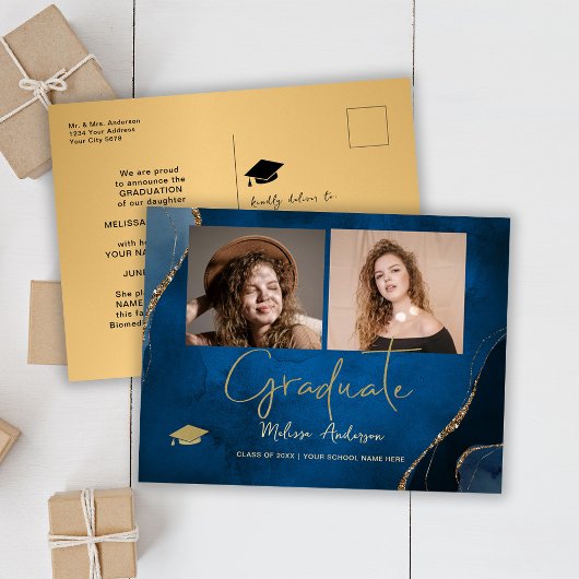 Foto Graduate Elegant Navy Blue Ankündigung Postkarte