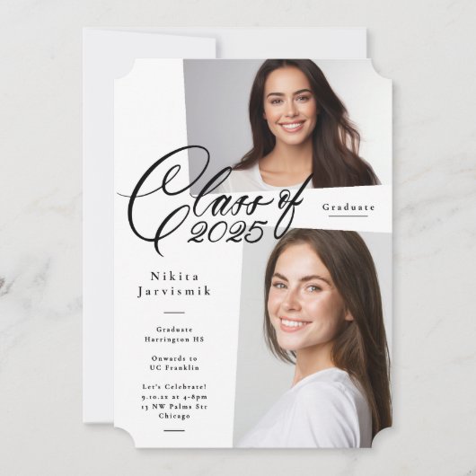 Foto Graduation Party 2025 in Schwarz/Weiß Einladung (Vorderseite)