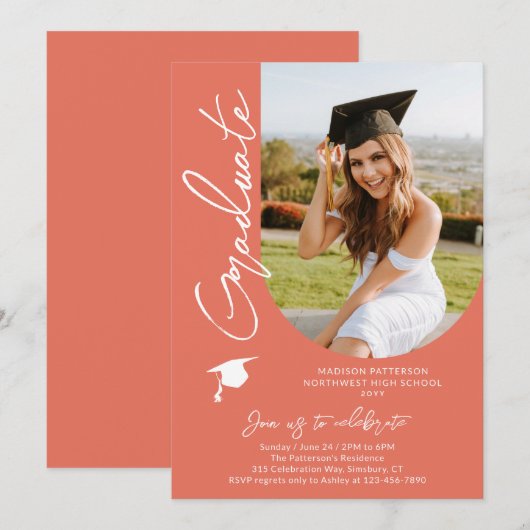 Foto Graduation Party Modernes, elegantes Skript Einladung (Vorne/Hinten)