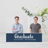 Foto Graduation Party (Navy Blue White Handwriting Einladung (Stehend Vorderseite)
