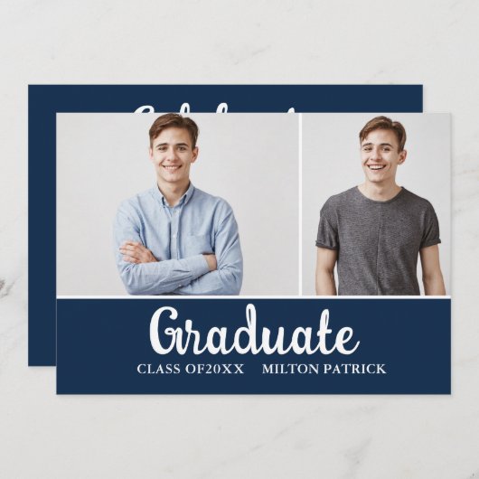 Foto Graduation Party (Navy Blue White Handwriting Einladung (Vorne/Hinten)