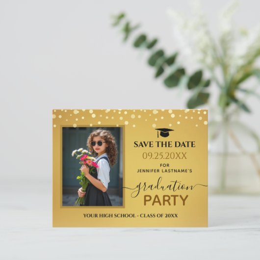 Foto Graduation Party Save the Date Gold Postkarte (Stehend Vorderseite)
