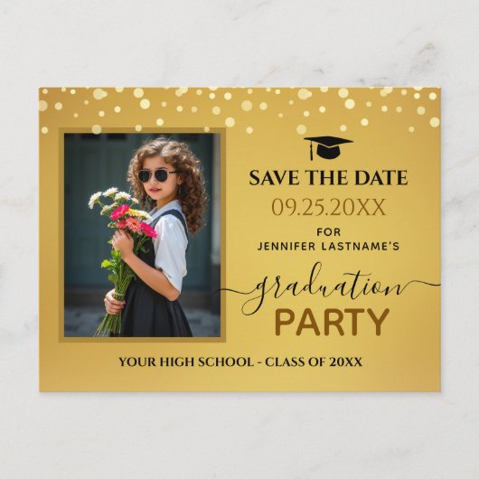 Foto Graduation Party Save the Date Gold Postkarte (Vorderseite)