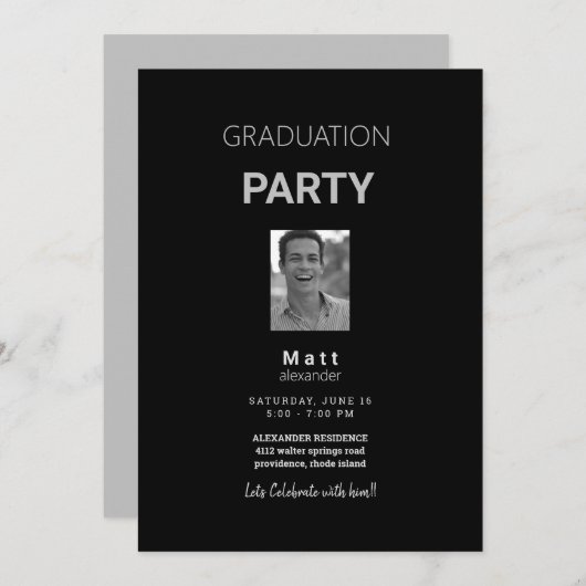 Foto Graduation Party Schwarz & Grau Einladung (Vorne/Hinten)