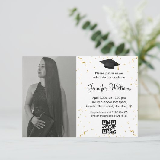 Foto Graduierung Partei qr Code Confetti minimal Einladung (Stehend Vorderseite)