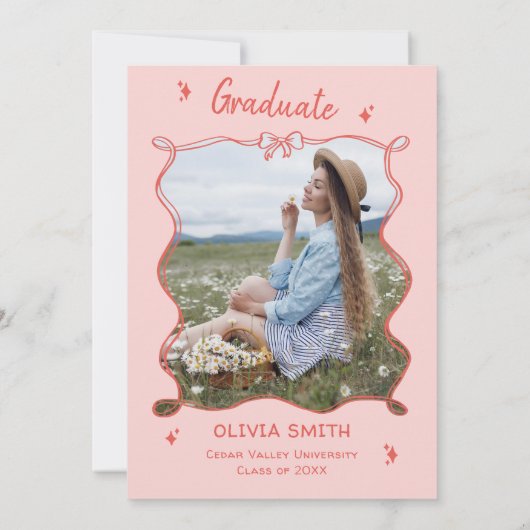 Foto-Graduierungspartei mit handgezeichnetem Rosa Einladung (Rückseite)