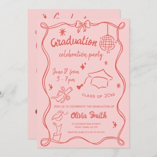 Foto-Graduierungspartei mit handgezeichnetem Rosa Einladung (Vorne/Hinten)