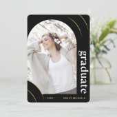 Foto-Graduierungsparty für Schwarz und Gold Einladung (Stehend Vorderseite)