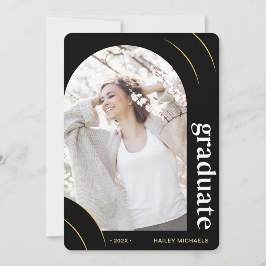 Foto-Graduierungsparty für Schwarz und Gold Einladung (Vorderseite)