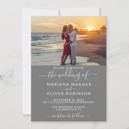 Foto Gray Elegant Script Wedding Einladung (Vorderseite)