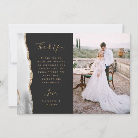 Foto Gray White Agate Gold Script Hochzeit Dankeskarte (Vorderseite)
