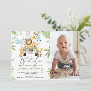 Foto Green Car Safari Wild 1. Geburtstag Einladung