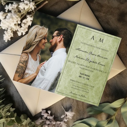 Foto Green Damask Monogram Wedding Einladung
