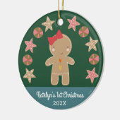 Foto Green First Christmas Gingerbread Baby Girl Keramik Ornament (Links)