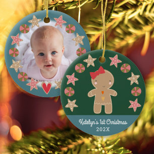 Foto Green First Christmas Gingerbread Baby Girl Keramik Ornament
