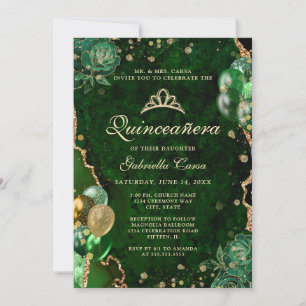 Foto Green Gold Floral Agate Quinceanera Einladung