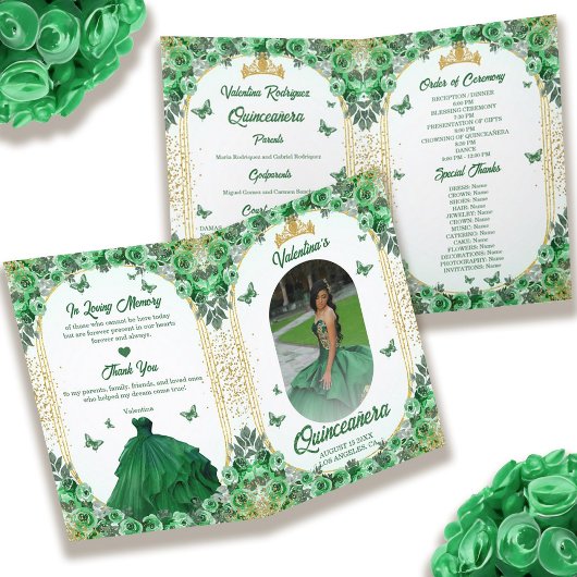 Foto Green Gold Glitzer Floral Quinceanera Programm