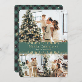 Foto Green Gold Holly Kariert Frohe Weihnachtskart Feiertagskarte