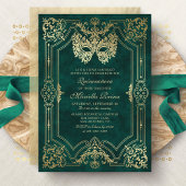 Foto Green Gold Masquerade Quinceanera Einladung