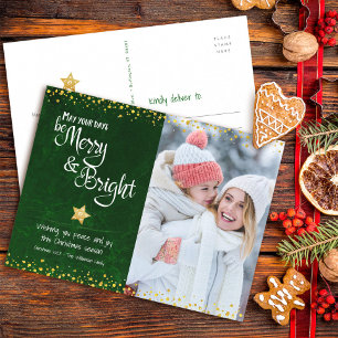 Foto Green Merry Bright Script Gold Star Glitzer Feiertagspostkarte