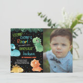 Foto Green Orange Black Dinosaurier Geburtstag Einladung (Stehend Vorderseite)