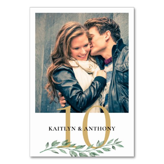 Foto Greenery Gold Wedding Tischnummer Sign (Vorderseite)