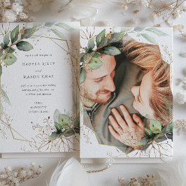 Foto Greenery und Imitate Goldene Hochzeit Einladung