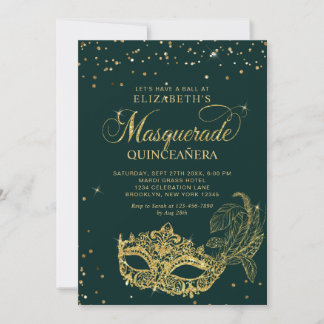 Foto Grüne Gold Glitter-Masquerade-Quinceañera Einladung