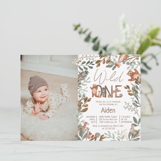 Foto Grünwald Waldtierwald 1. Geburtstag Einladung (Stehend Vorderseite)