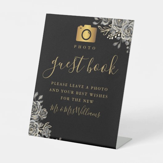 Foto Guest Book Black and Gold Gothic Rose Sockelschild (Vorderseite)
