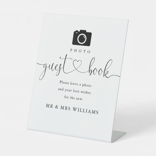 Foto Guest Book Black and White Heart Script Sockelschild (Vorderseite)