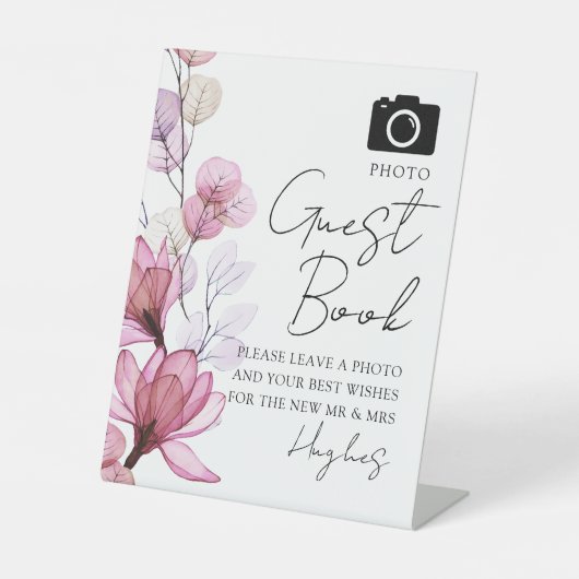 Foto Guest Book Dusty Rose Floral Wedding Sockelschild (Vorderseite)