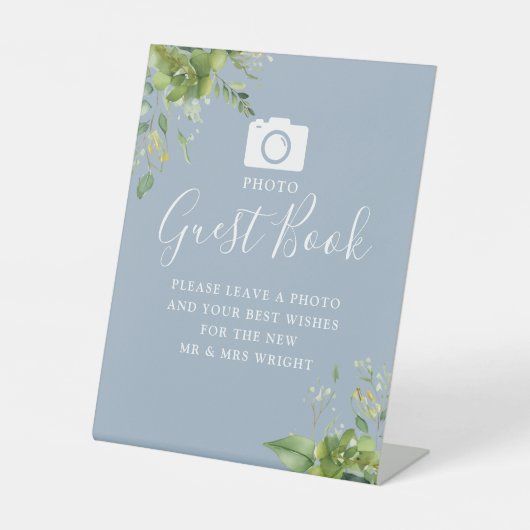 Foto Guest Book Greenery Dusty Blue Wedding Sockelschild (Vorderseite)
