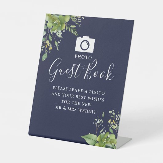 Foto Guest Book Greenery Navy Blue Wedding Sockelschild (Vorderseite)