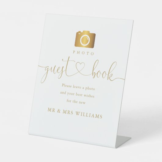 Foto Guest Book Modern Elegantes Gold Script Sockelschild (Vorderseite)