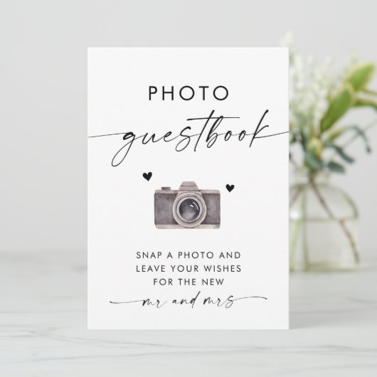 Foto Guestbook Sign | Moderne Minimalistische Hoch Einladung (Stehend Vorderseite)