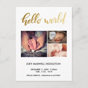 Foto-hallo Welt der Geburts-Mitteilungs-drei Ankündigungspostkarte