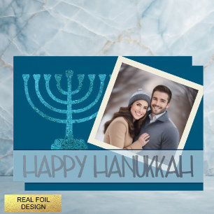 Foto Hanukkah Blue White Gold Menorah Glitzer Folien Feiertagskarte