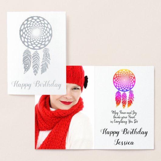 Foto Happy Birthday Silver Foil Feathers Card Folienkarte (Anzeige)