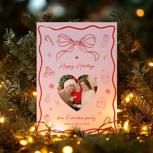 Foto Happy Holidays Card Rosa & Red Retro Bow Einladung