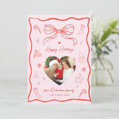 Foto Happy Holidays Card Rosa & Red Retro Bow Einladung (Stehend Vorderseite)
