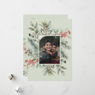 Foto Happy Holidays Pine Holly Watercolor Feiertagskarte