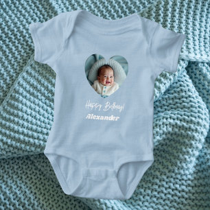 Foto Herz Name Geburtstag blau Junge Baby Strampler