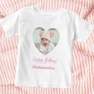Foto Herz Name Geburtstag Mädchen Rosa Baby T-shirt