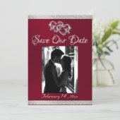 Foto, Herz und Band - Burgund/Silber Save The Date (Stehend Vorderseite)