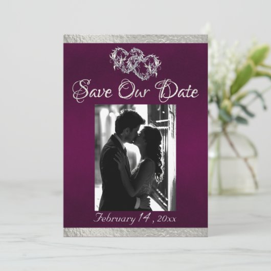 Foto, Herz und Band - Lila/silber Save The Date (Stehend Vorderseite)