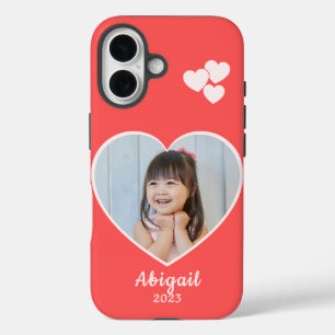 Foto Herz und Name in Weiß auf Korallenrot iPhone 16 Hülle