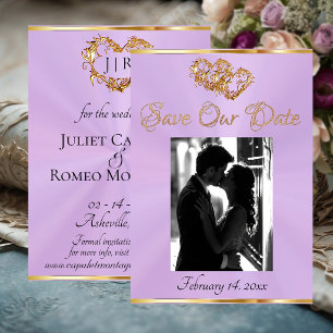 Foto, Herzen & Schleife - Lavendel/Gold Save The Date