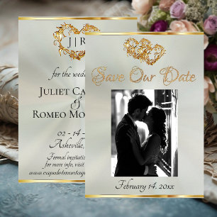 Foto, Herzen & Schleife - Pastell-Salbei/Gold Save The Date